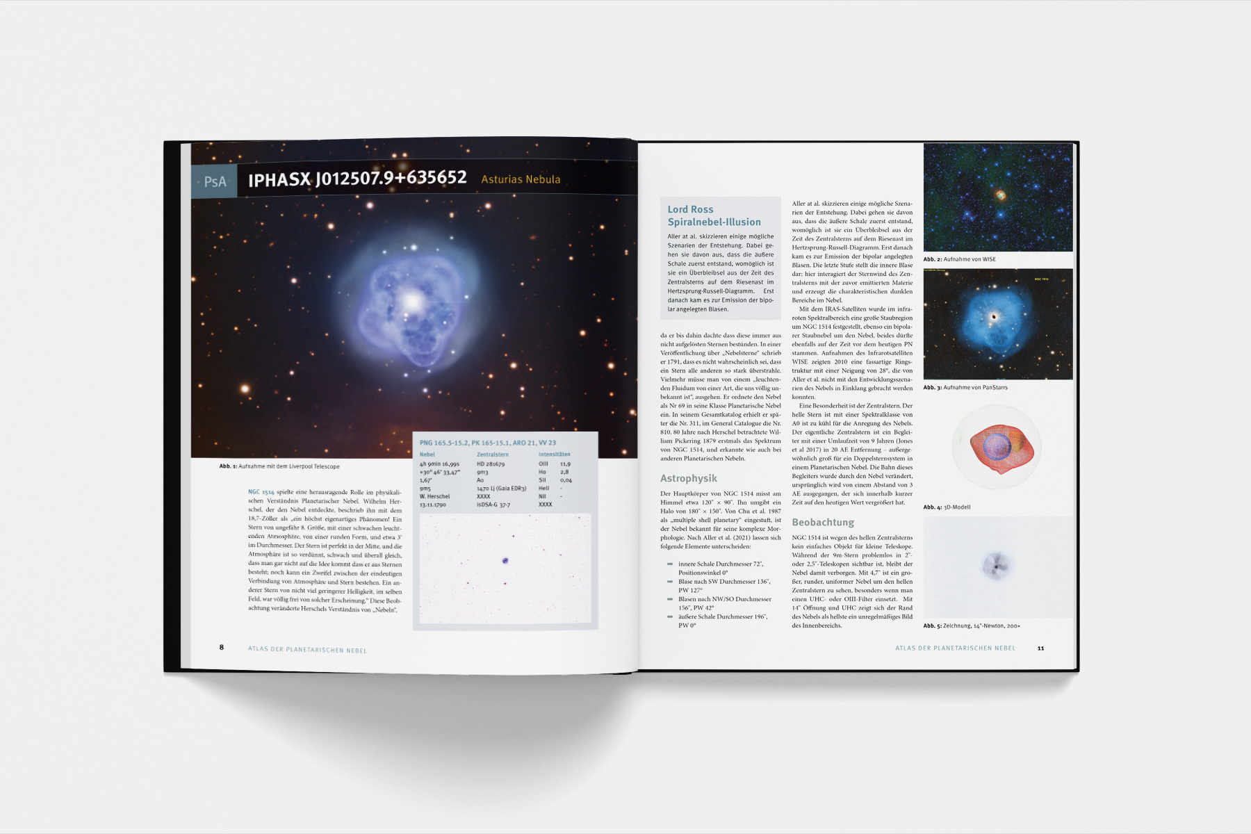 Typografie- und Layoutkonzept für einen Astronomie-Atlas. Variable Bild- und Textanordnung für ein flexibles Seitenlayout, 3-spaltig mit vertikaler Bildspalte.