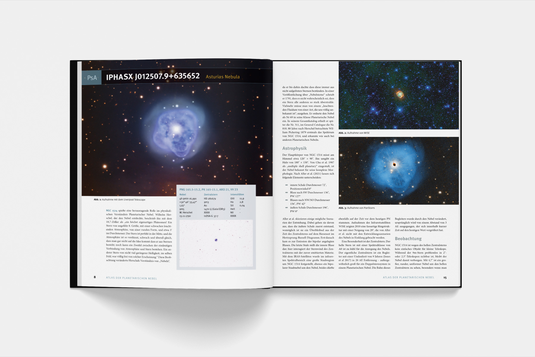 Typografie- und Layoutkonzept für einen Astronomie-Atlas. Variable Bild- und Textanordnung für ein flexibles Seitenlayout, Variante mit breiter Bildspalte.