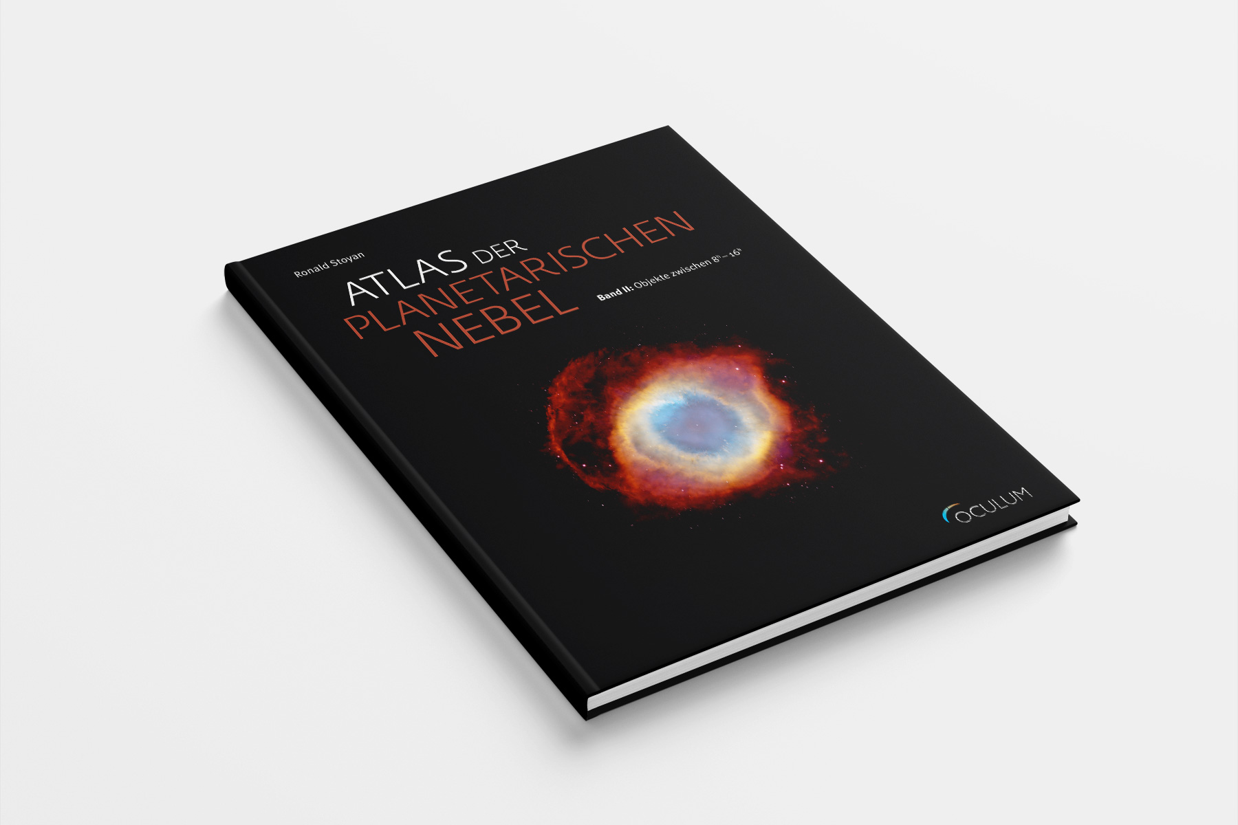 Visualisierung eines Hardcover-Buchs des Astronomie-Atlas "Atlas der planetarischen Nebel". Buchdesign mit tiefem Schwarz und leuchtenden Farben.