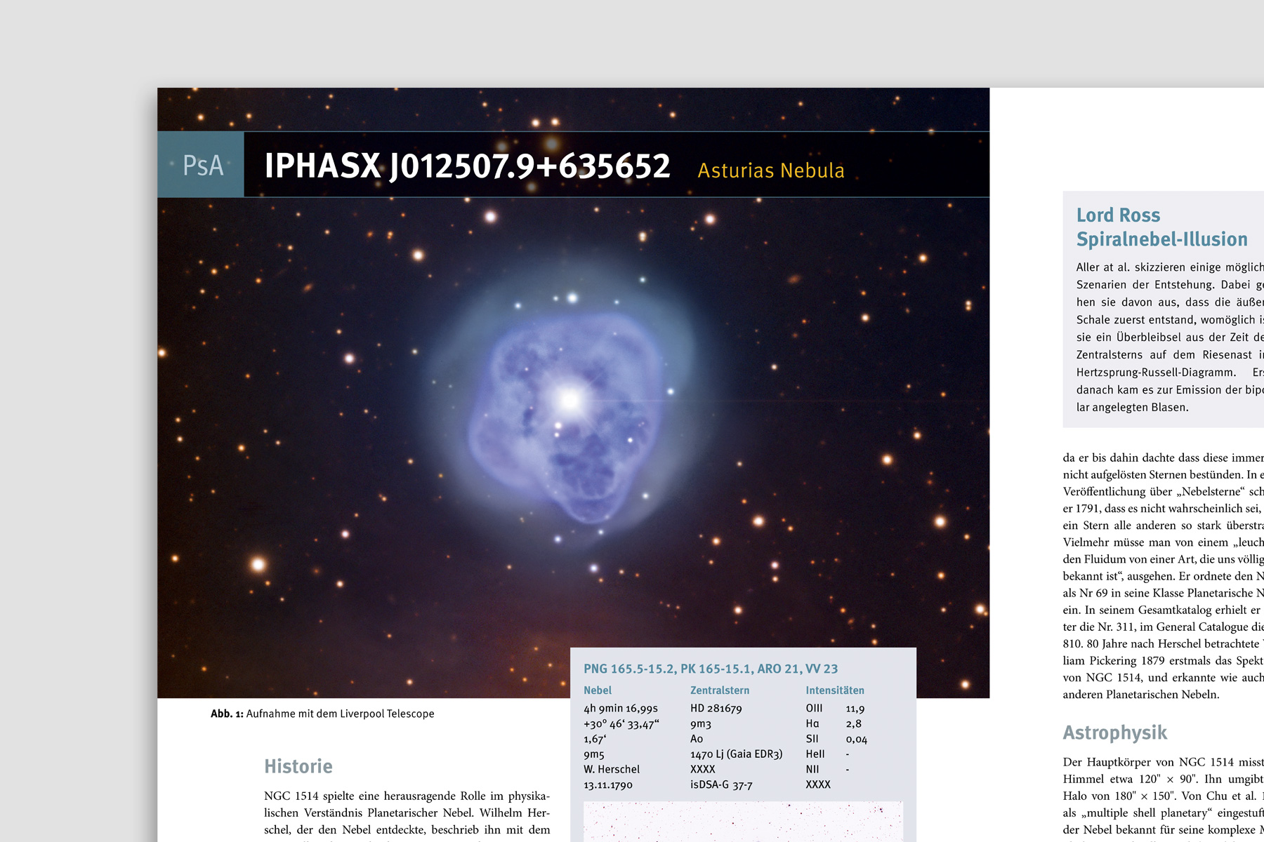 Typografie- und Layoutkonzept für einen Astronomie-Atlas. Detailansicht mit Fachbuch-gerechter Typografie und Datentabelle.