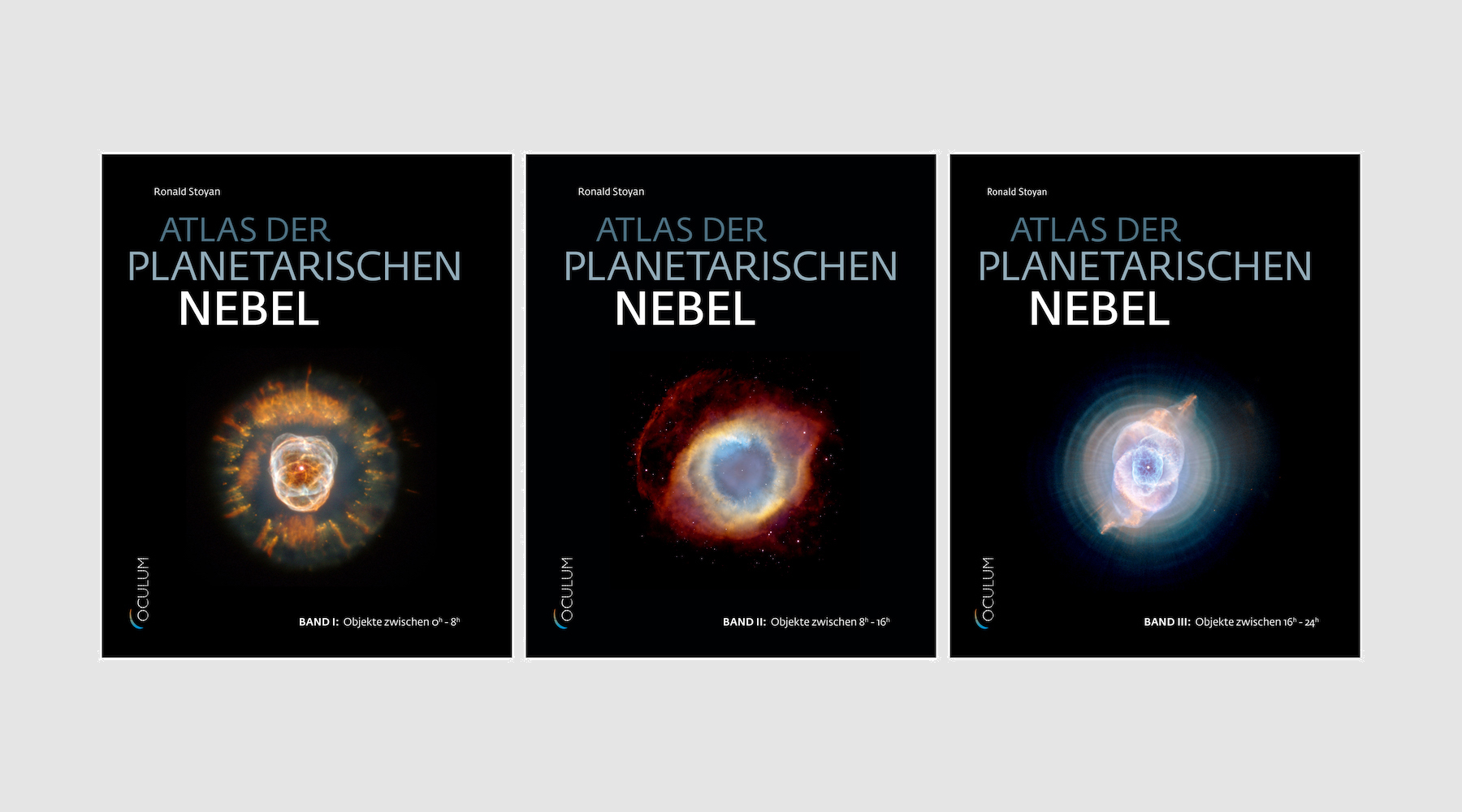 Cover-Entwurf für den Astronomie-Atlas "Atlas der planetarischen Nebel" mit stufenweise heller werdender Typografie. Die Schriftgestaltung symbolisiert das Hervortreten eines Objekts aus dem Nebel.