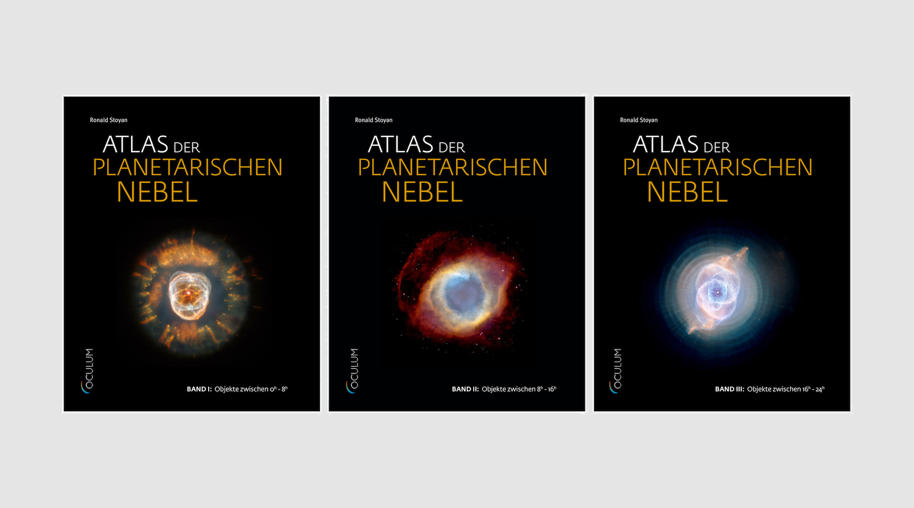 Alternative Cover-Gestaltung für den Astronomie-Atlas "Atlas der planetarischen Nebel". Weiß-orange Typografie für hohe Plakativität und starken Kontrast auf schwarzem Hintergrund.