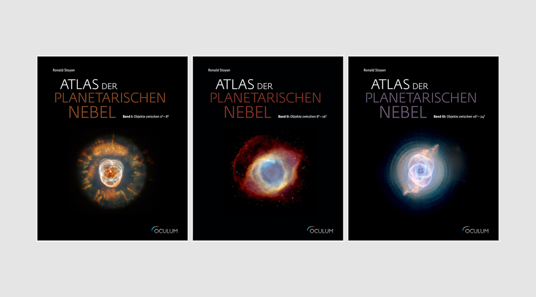 Farbvarianten für das Buchcover des Astronomie-Atlas "Atlas der planetarischen Nebel". Unterschiedlich farbige Typografie zur klaren Unterscheidung der drei Bände.