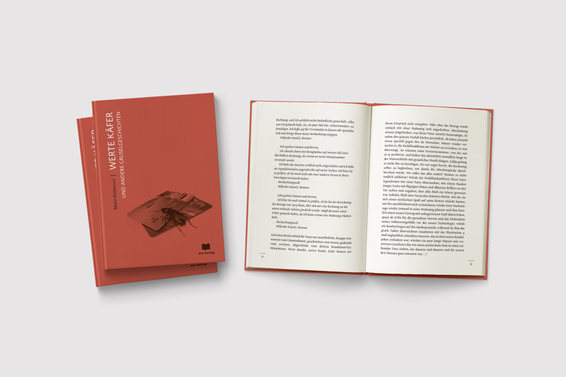 Buchcover-Design und Buchsatz für »Werte Käfer und andere Gruselgeschichten« aus dem eta Verlag. Das Cover zeigt eine Kakerlake auf einer Kreditkarte, eine visuelle Metapher für Konsum, Verfall und Horror. Die Gestaltung kombiniert eine reduzierte Farbpalette mit minimalistischer Typografie. Die Innenseiten sind mit einem präzisen Buchsatz und einer ausgewogenen Textgestaltung umgesetzt.
