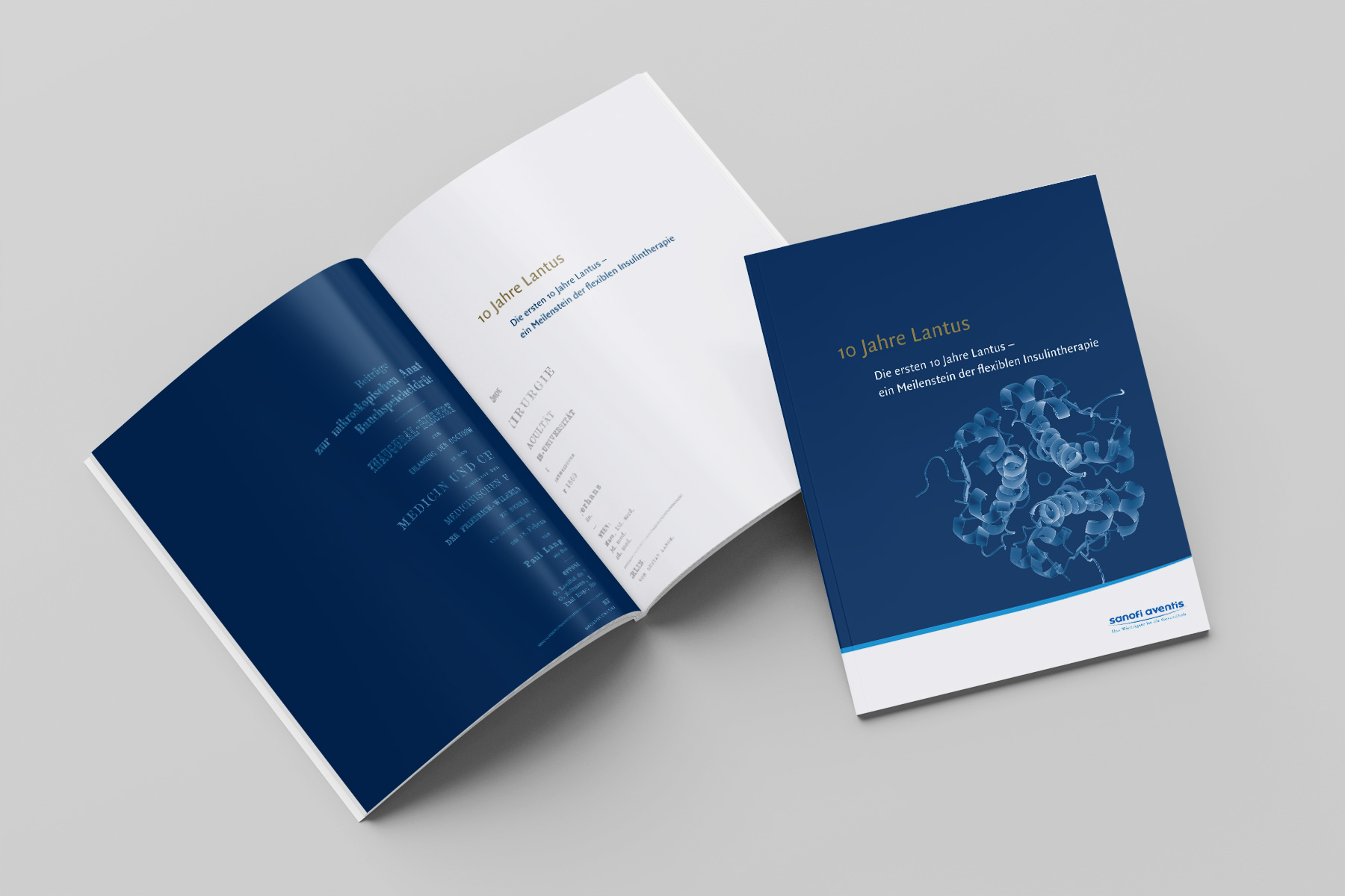 Cover der Jubiläumsbroschüre »10 Jahre Lantus – ein Meilenstein der flexiblen Insulintherapie« für Sanofi-Aventis. Professionelles Design für medizinische Printkommunikation, mit hochwertiger Typografie und partieller Glanzlackveredelung.