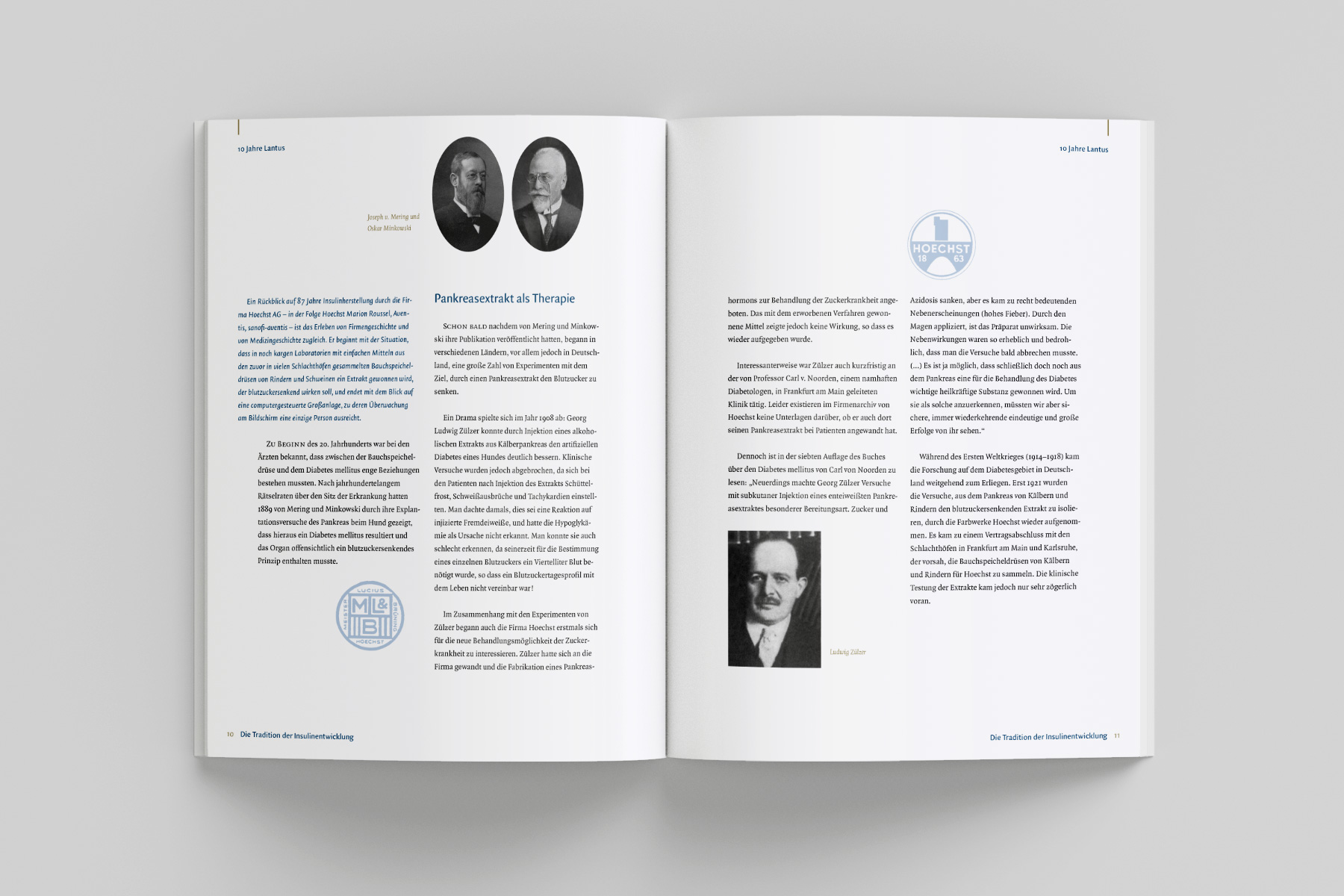Festschrift-Layout in der Imagebroschüre, das einen historischen Rückblick zur Entwicklung von Lantus bietet. Das Design verbindet elegante Typografie mit einem strukturierten und sachlichen Layout.