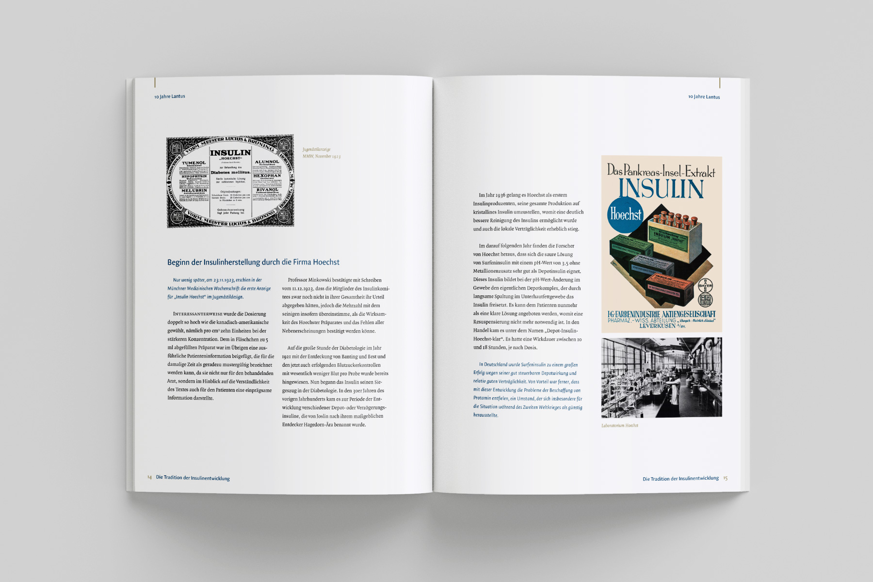 Fortsetzung des historischen Rückblicks in der Imagebroschüre, mit Abbildungen historischer Anzeigenmotive. Das Layout bleibt sachlich und gut strukturiert, um die Entwicklung klar darzustellen.