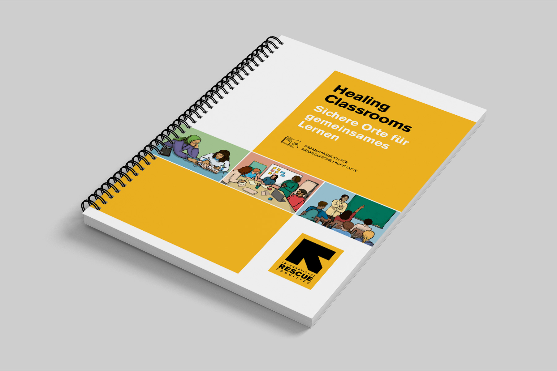 Coverdesign für Lehrbücher: Frontcover des Praxisbuchs „Healing Classrooms“ mit klarem, funktionalem Layout und eingebundenen Illustrationen. Printdesign für Verlage, NGOs und pädagogische Fachkräfte.
