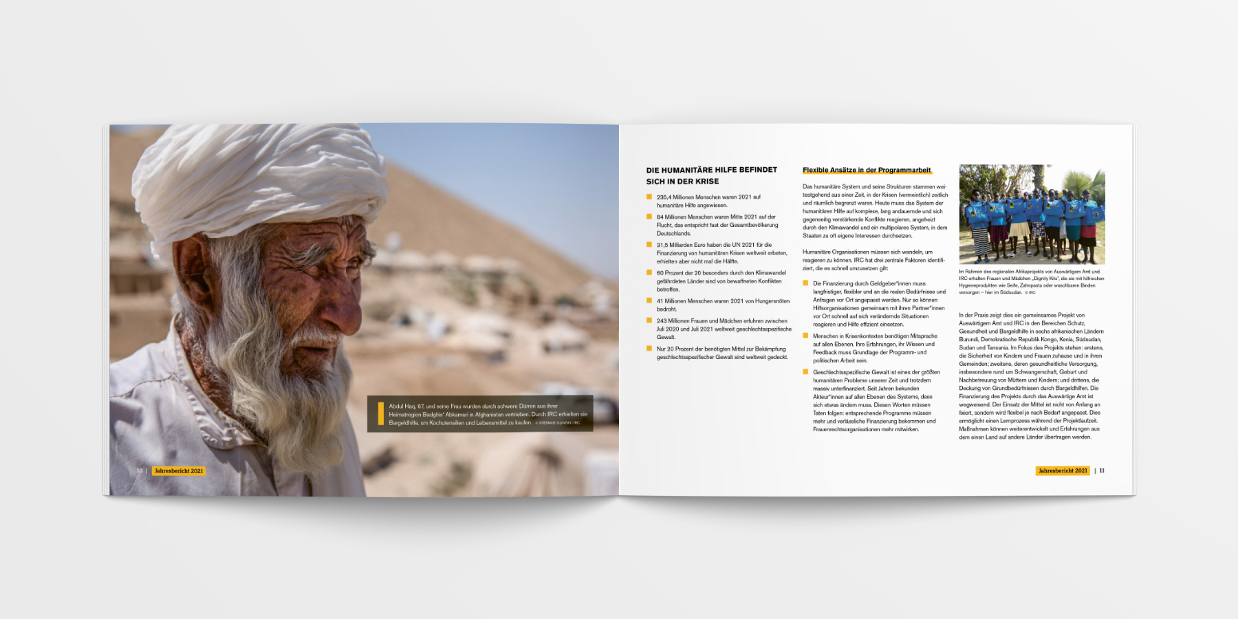Editorial-Design für eine inhaltliche Doppelseite mit eindrucksvoller Reportagefotografie. Ein großflächiges Portrait eines älteren Mannes in einer Krisenregion bringt die humanitäre Notlage visuell näher. Übersichtlich strukturierter Begleittext erläutert die aktuelle Situation.