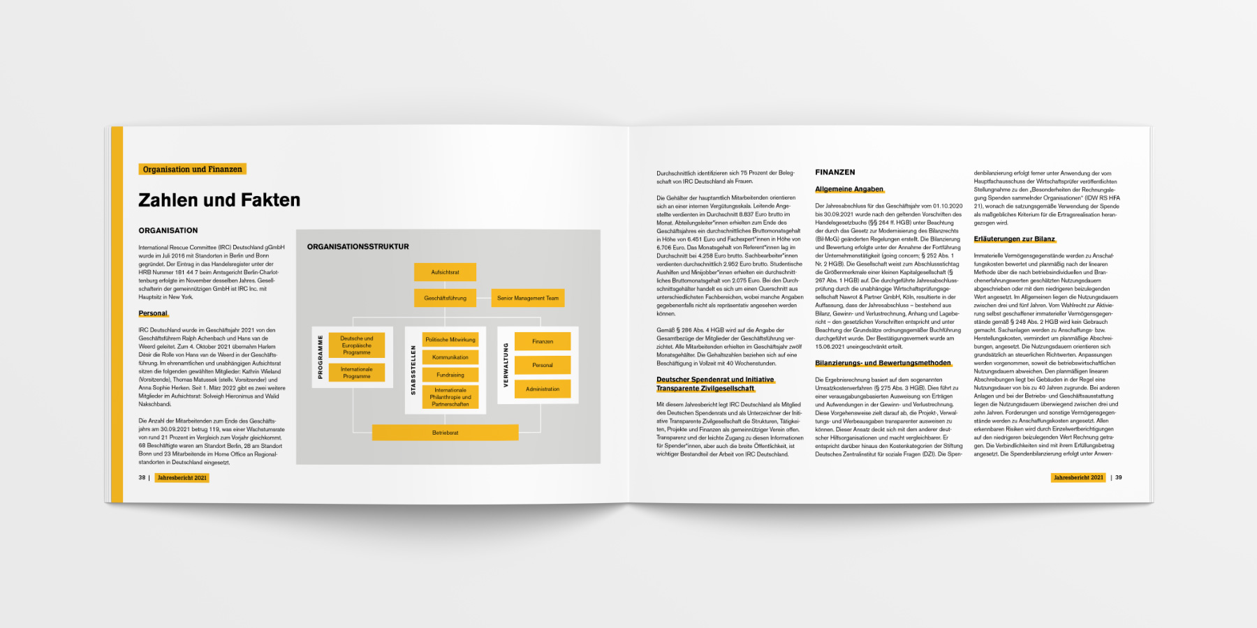 Übersichtliche Finanzseite mit klar strukturierten Tabellen und Kennzahlen. Dezente Farbakzente in Gelb sorgen für eine visuelle Hierarchie. Die Gestaltung vermittelt Transparenz und Vertrauenswürdigkeit – essenziell für NGO-Fundraising und Berichterstattung.