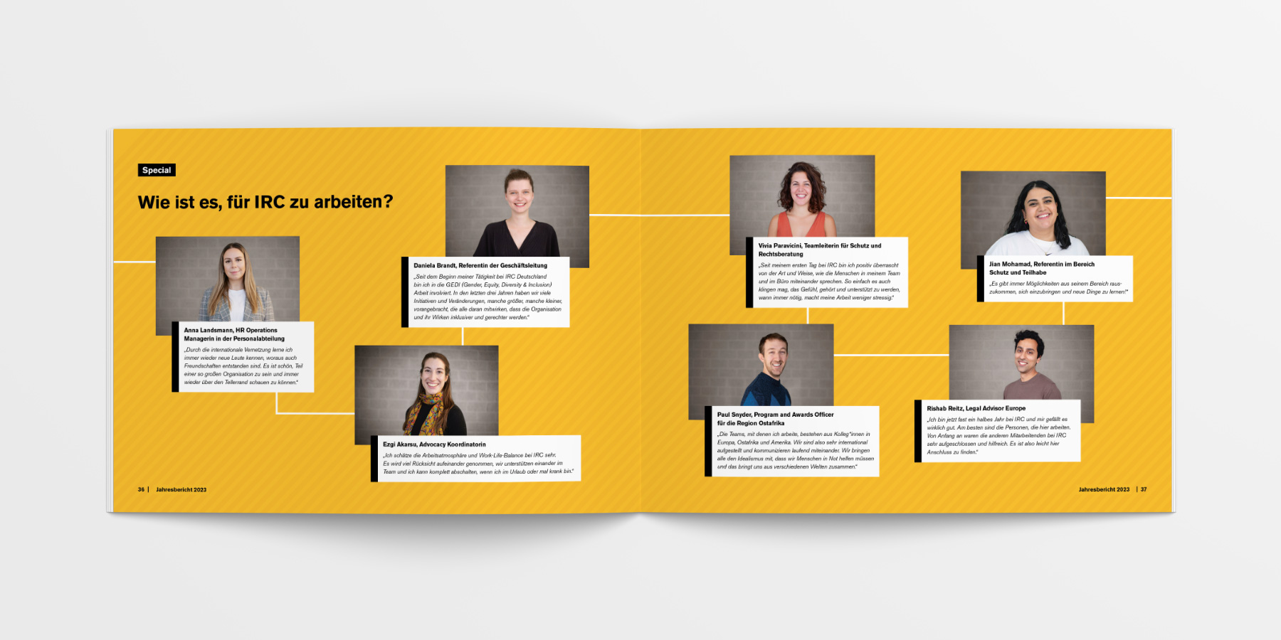 Mitarbeiter-Porträts mit Zitaten, die persönliche Einblicke in die Arbeit bei IRC geben. Dynamische Gestaltung mit gelbem Hintergrund und Linienführung verbindet die Einzelporträts visuell zu einem Teamgefühl.