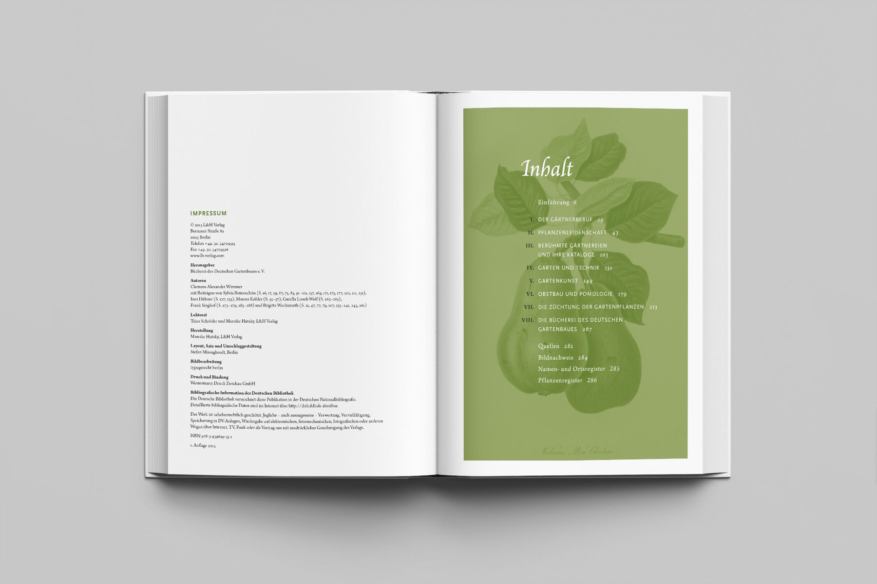 Doppelseite mit Impressum und Inhaltsverzeichnis des Gartenbuchs „Geschichte der Gartenkultur“. Hochwertige Buchgestaltung mit klassischer Typografie und historischer Illustration aus dem Themenbereich der Pomologie.