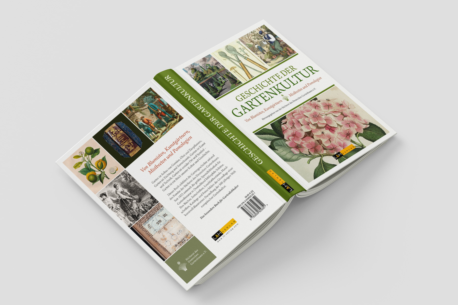 Einband des Gartenbuchs „Geschichte der Gartenkultur“ mit historischen Pflanzenillustrationen und Typografie im Stil traditioneller Gartenbücher.