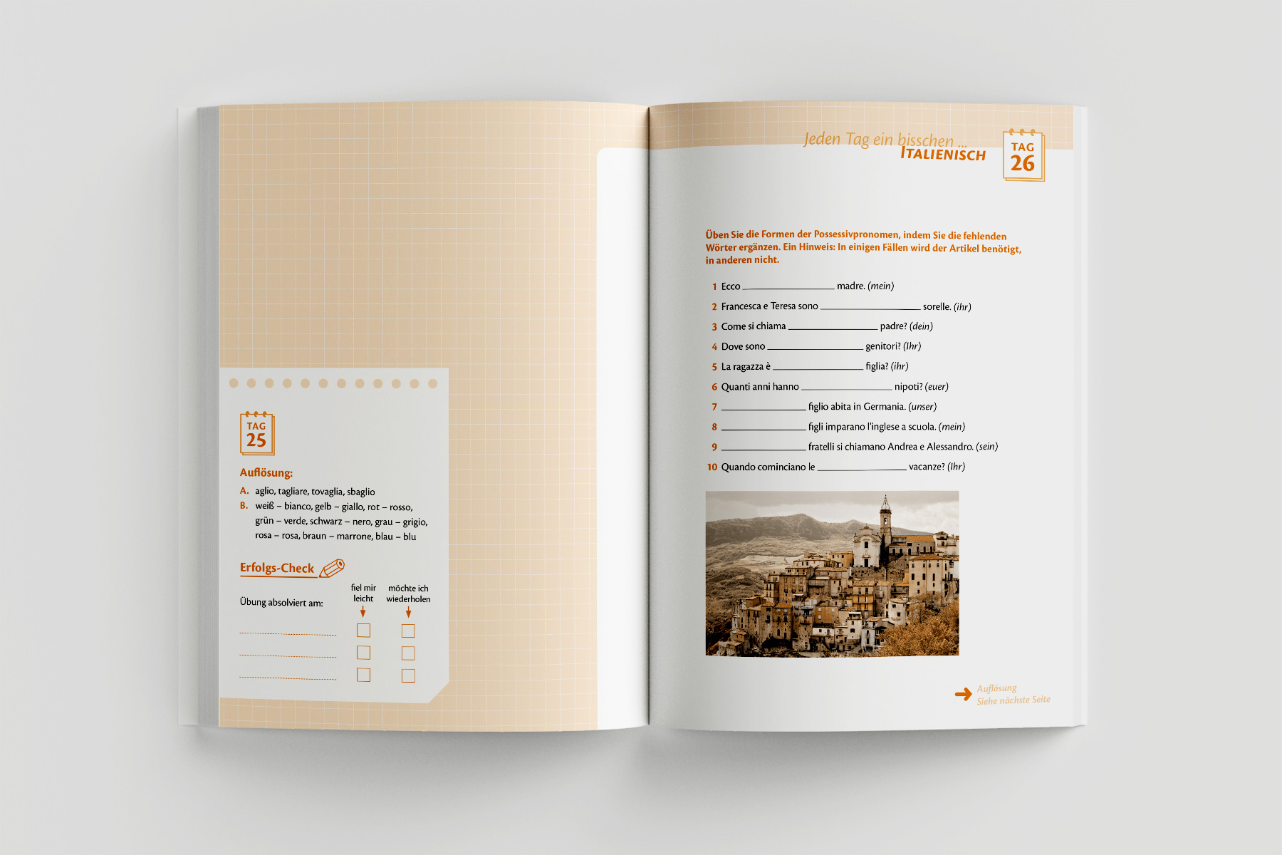 Sprachübungen mit Lückentexten und thematisch passendem Bild. Die visuelle Gestaltung setzt auf ein reduziertes zweifarbiges Konzept, das die Fokussierung auf den Inhalt unterstützt. Didaktisches Buchlayout für Lehr- und Übungsbücher.