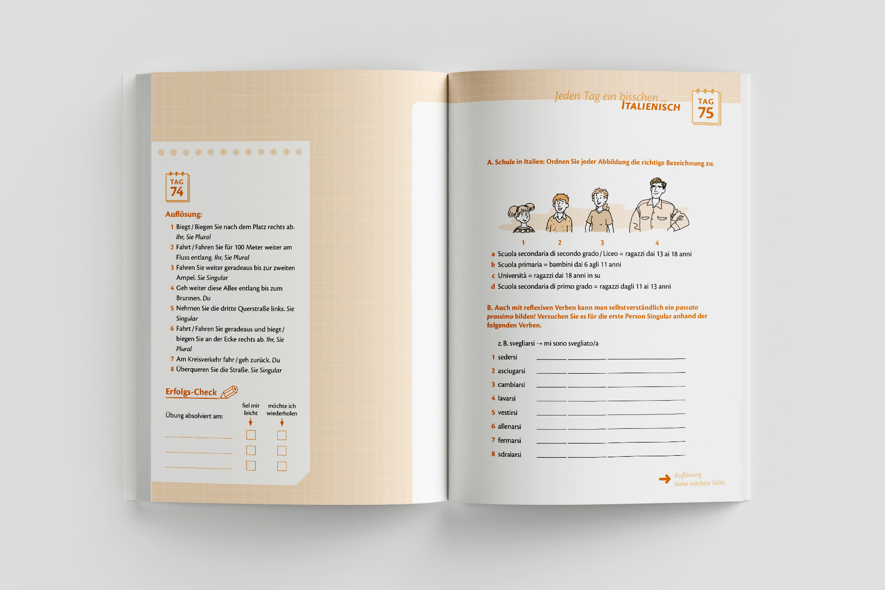 Doppelseite mit illustrierten Sprachlernaufgaben zur Förderung des Wortschatzes. Die klare Struktur sorgt für eine intuitive Nutzung. Lehrbuchgestaltung für interaktive Sprachkurse.
