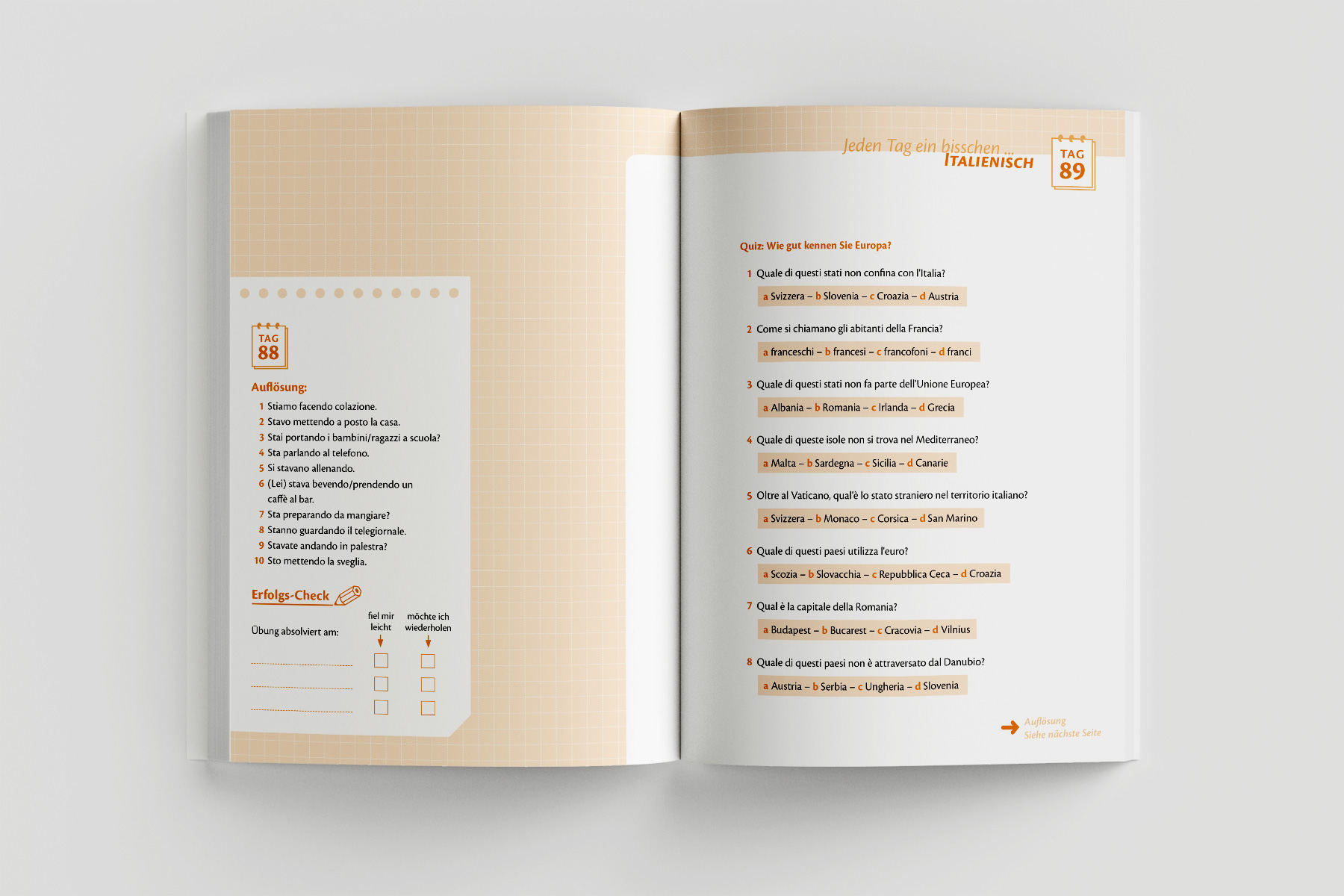 Quiz-Doppelseite mit Testfragen zur Sprachkompetenz und Allgemeinbildung. Farbige Hervorhebungen verbessern die Übersichtlichkeit und unterstützen den didaktischen Aufbau. Fachgerechtes Layout für Lern- und Übungsbücher.