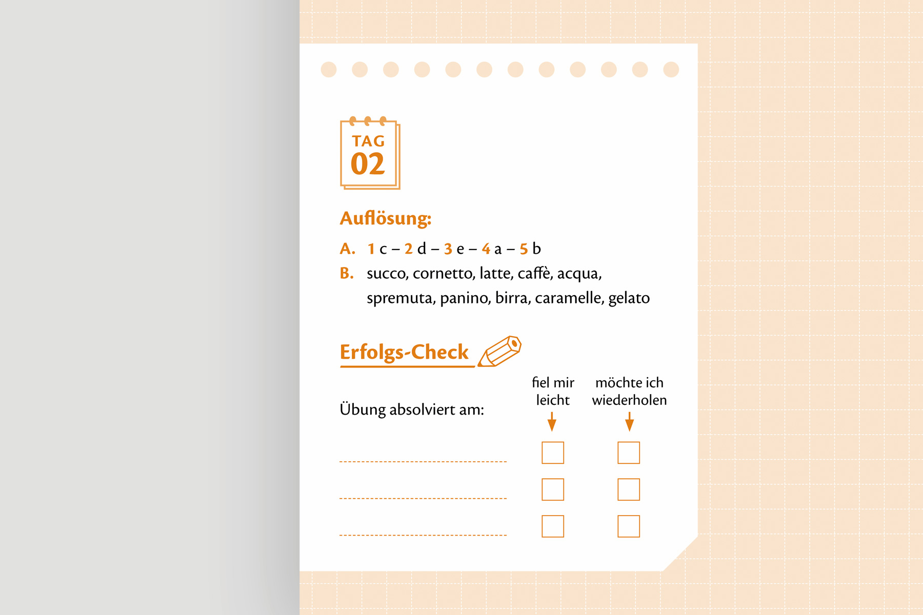 Detailansicht einer Lösungsseite mit Selbstkontrollfunktion und Erfolgs-Check. Die didaktische Gestaltung erleichtert die Selbstbewertung und unterstützt strukturiertes Lernen. Praxisorientiertes Buchdesign für Sprachtrainingsbücher.