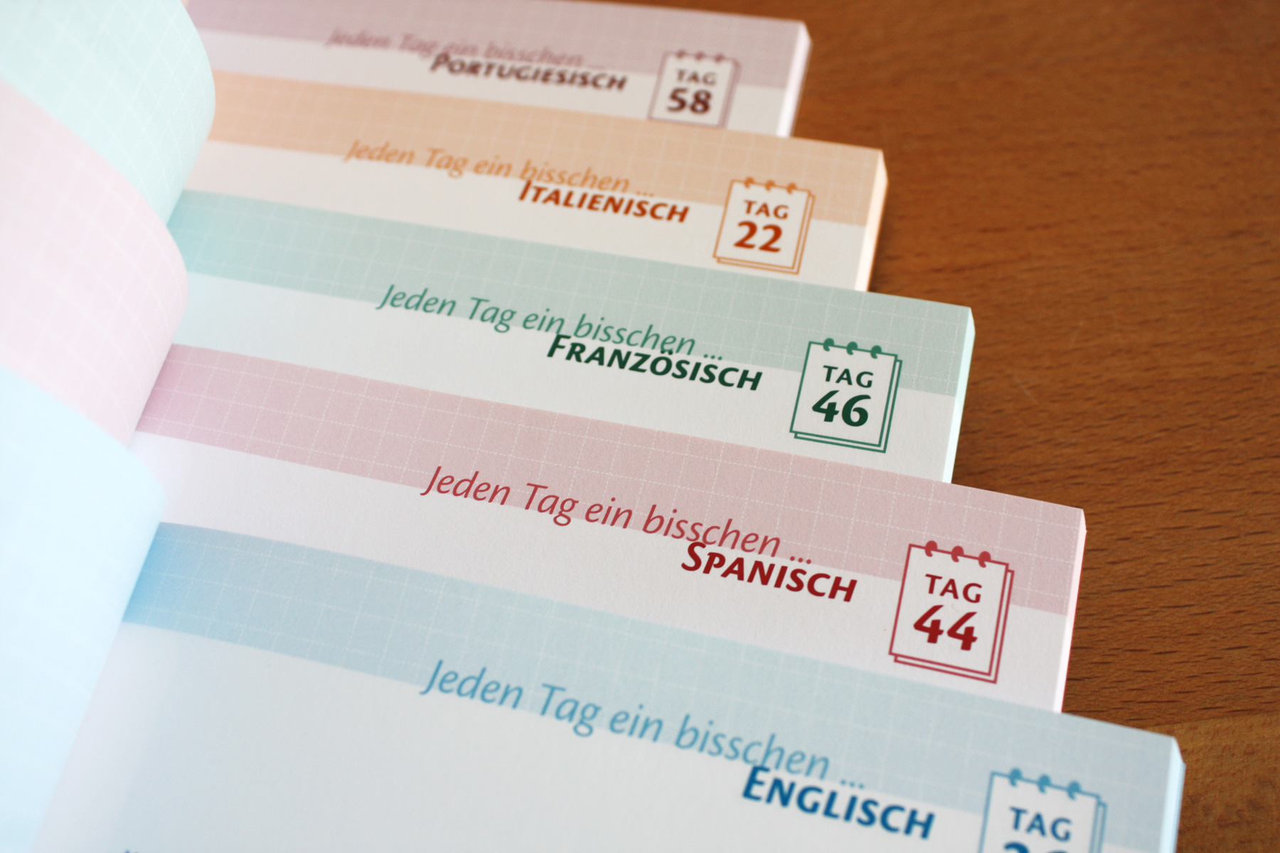 Mehrsprachige Buchserie mit individuell farbcodierten Ausgaben für jede Sprache. Die Gestaltung ermöglicht eine klare Wiedererkennung innerhalb der Reihe und erleichtert die Orientierung für Lernende. Sprachlehrwerke mit funktionalem und modular aufgebautem Buchdesign.