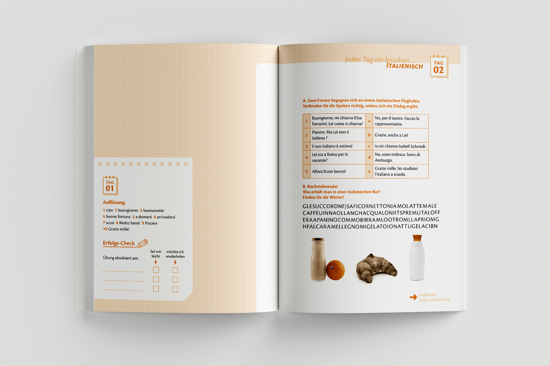Doppelseite aus einem Sprachlehrbuch mit klar strukturiertem Übungsaufbau. Die dezente Rasterhinterlegung erinnert an kariertes Papier und vermittelt die Optik eines praxisnahen Arbeitshefts. Farbige Hervorhebungen sorgen für eine visuelle Gliederung, während der zweifarbige Duplexdruck (Schwarz + Sonderfarbe) eine klare und reduzierte Ästhetik schafft. Funktionales Buchlayout für didaktische Fachliteratur.