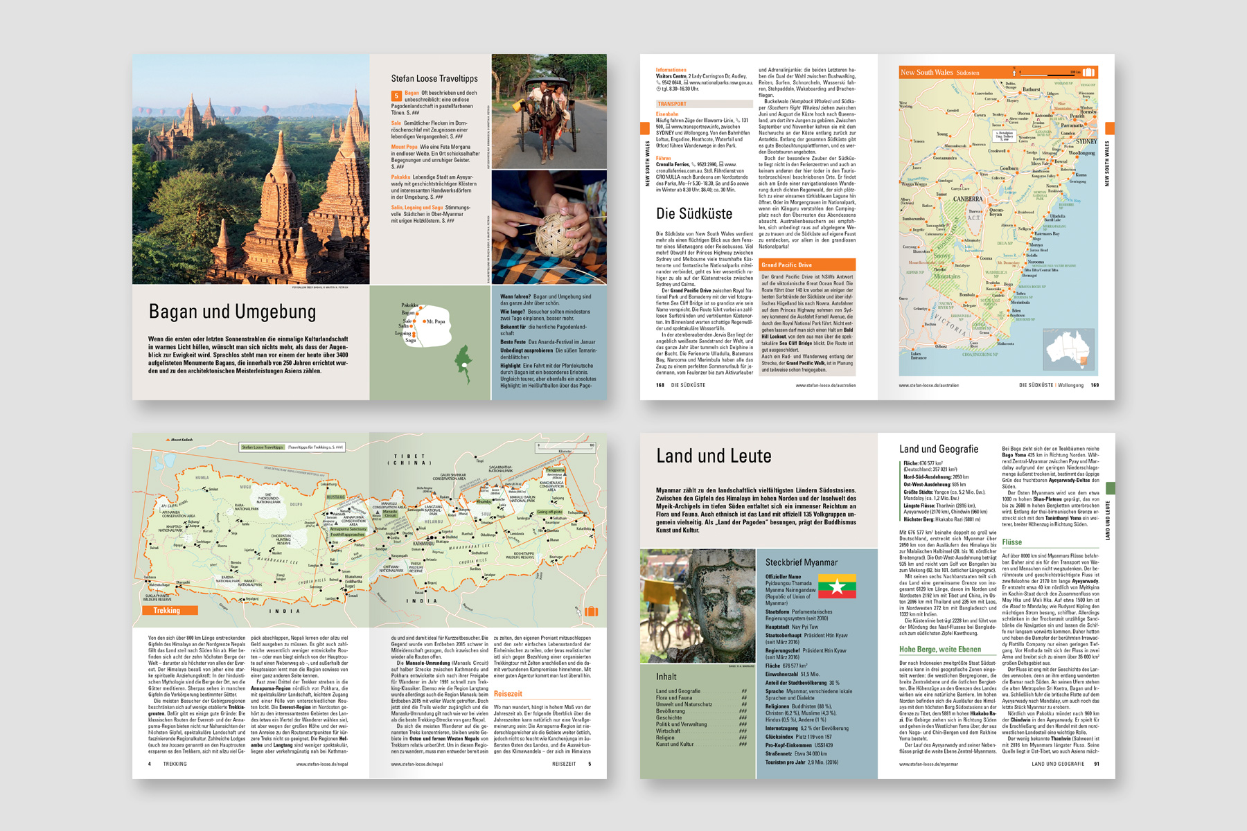 Doppelseiten eines Reiseführers aus der Stefan Loose Travel Handbuch Reihe mit ausgewogener Bild-Text-Komposition. Karten, Tipps und Icons sorgen für eine funktionale und visuell ansprechende Navigation. Auftragslayout für Verlagstitel.