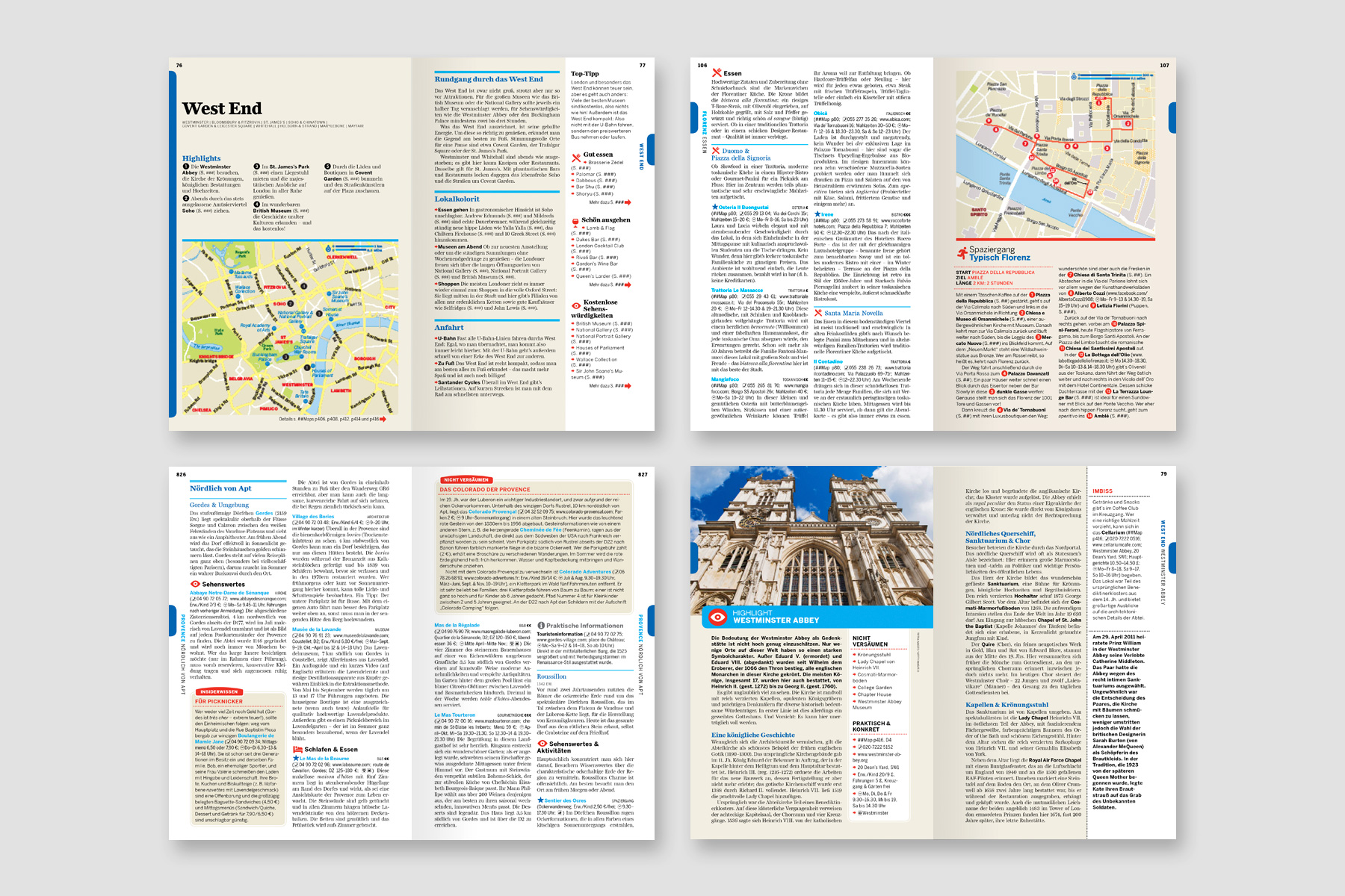Doppelseitenlayout eines Reiseführers mit strukturierter Navigation, klarer Typografie und vielseitigen Informationselementen. Karten, Infoboxen und Icons unterstützen eine intuitive Leserführung. Auftragslayout für Verlagstitel.
